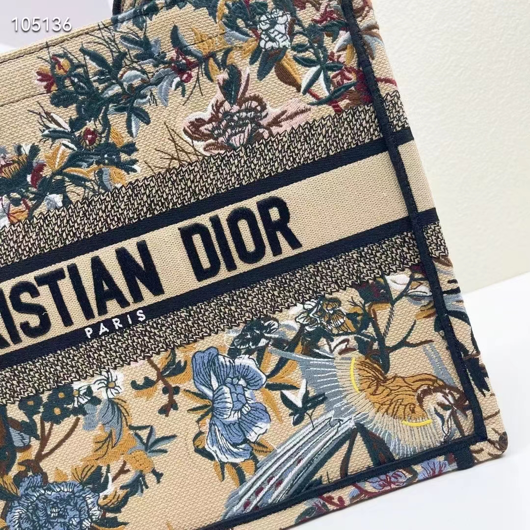 Dior Women CD Medium Book Tote Beige Multicolor Jardin D’Hiver Embroidery