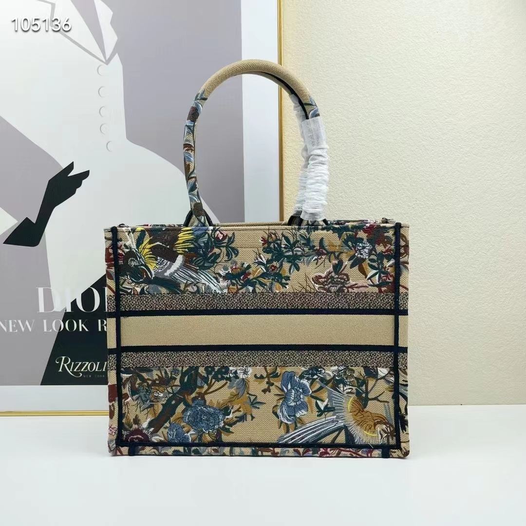 Dior Women CD Medium Book Tote Beige Multicolor Jardin D’Hiver Embroidery