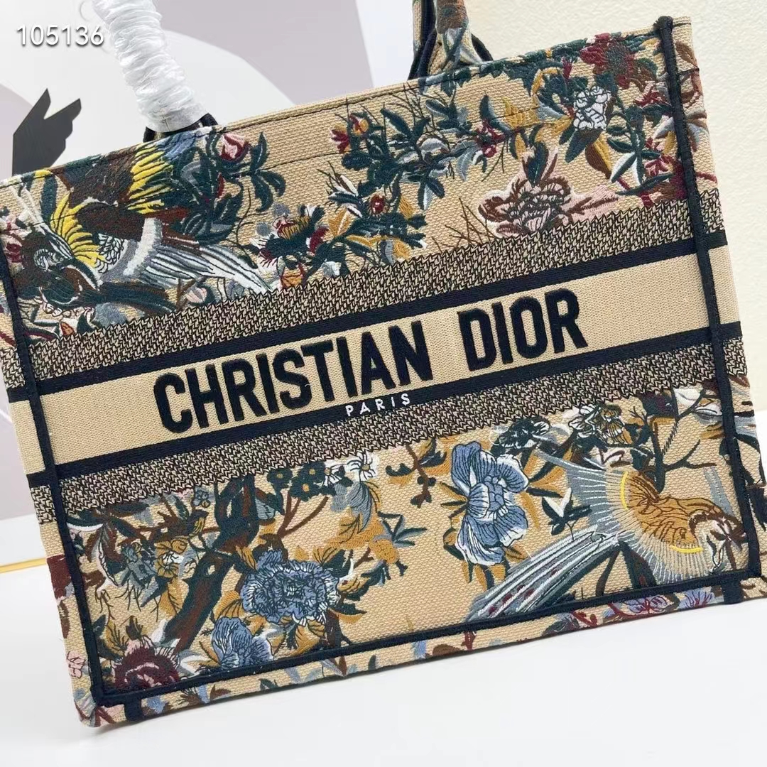Dior Women CD Medium Book Tote Beige Multicolor Jardin D’Hiver Embroidery
