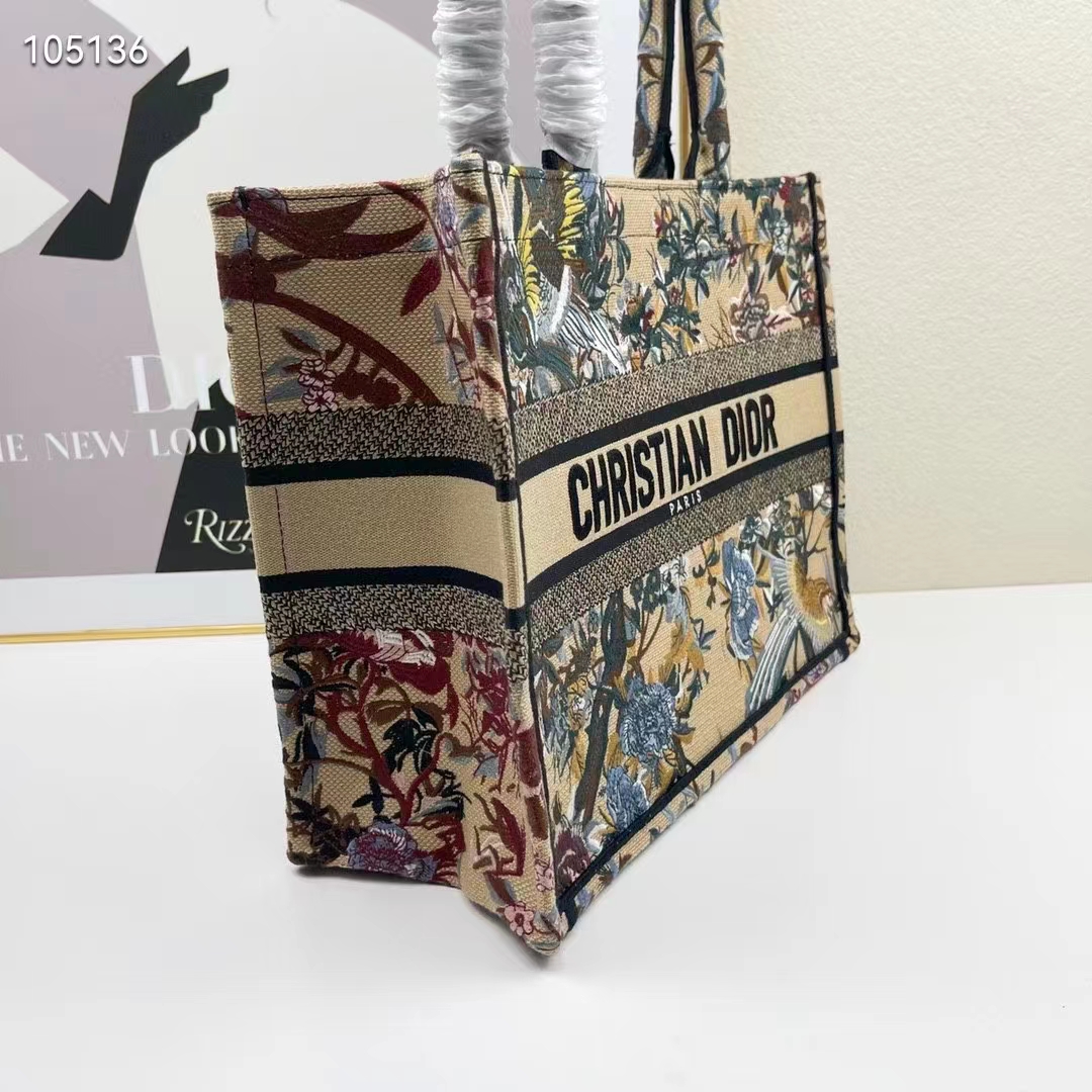Dior Women CD Medium Book Tote Beige Multicolor Jardin D’Hiver Embroidery