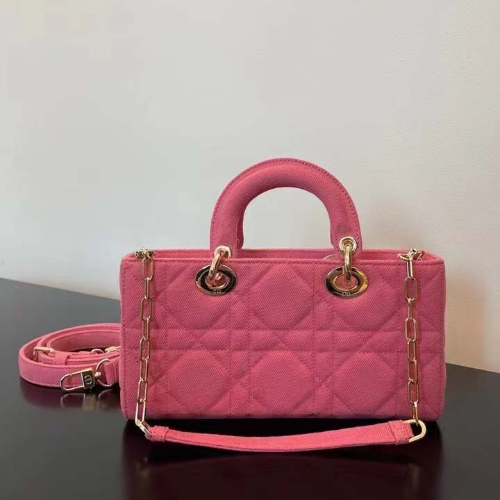 Dior Women CD Medium Lady D-Joy Bag Bright Pink Cannage Denim