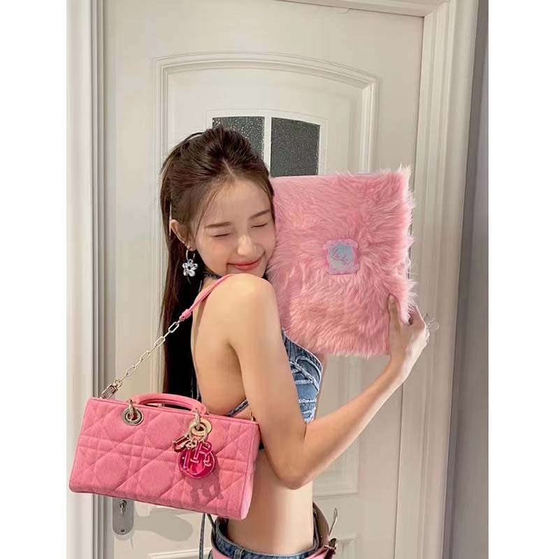 Dior Women CD Medium Lady D-Joy Bag Bright Pink Cannage Denim