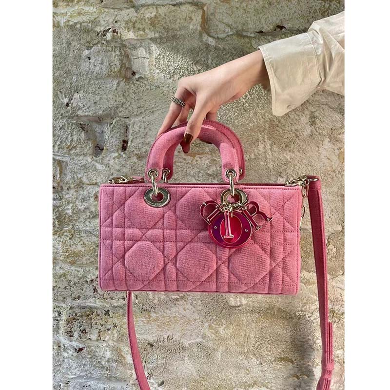 Dior Women CD Medium Lady D-Joy Bag Bright Pink Cannage Denim
