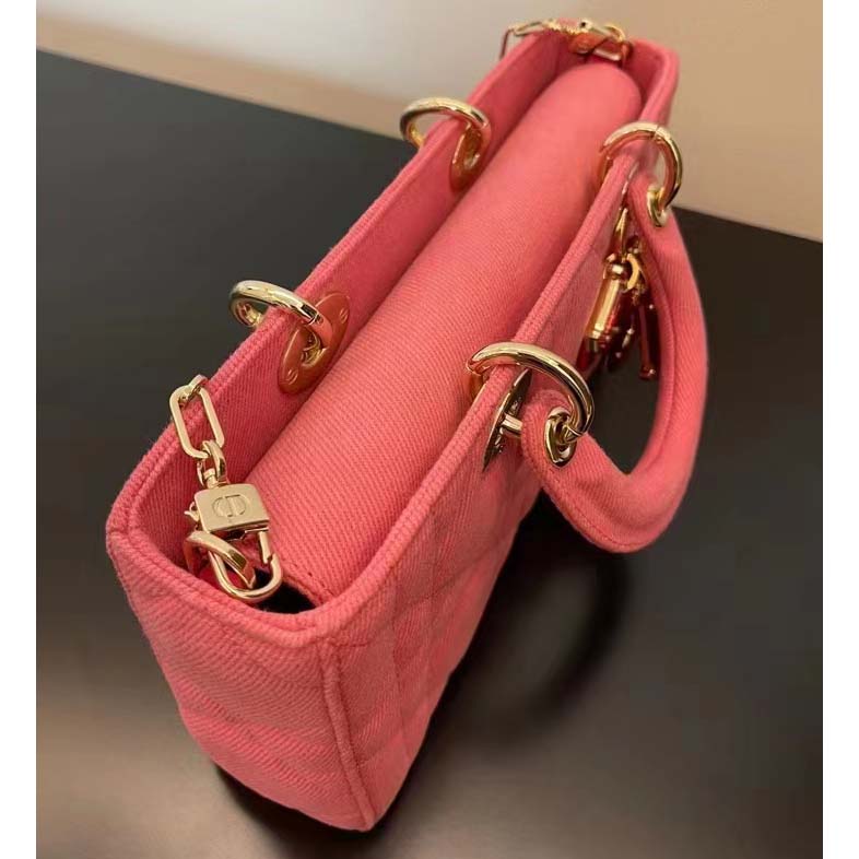 Dior Women CD Medium Lady D-Joy Bag Bright Pink Cannage Denim