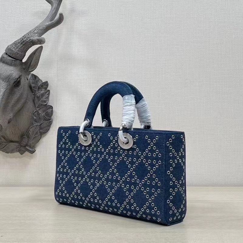 Dior Women CD Medium Lady D-Joy Bag Eyelet Blue Cannage Denim