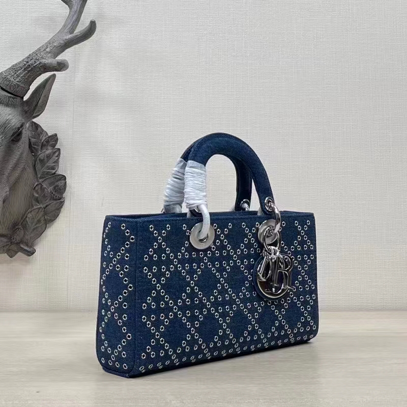 Dior Women CD Medium Lady D-Joy Bag Eyelet Blue Cannage Denim