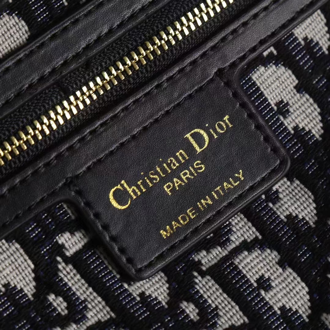 Dior Women CD Medium Lady Dior Bag Natural Wicker Blue Oblique Jacquard