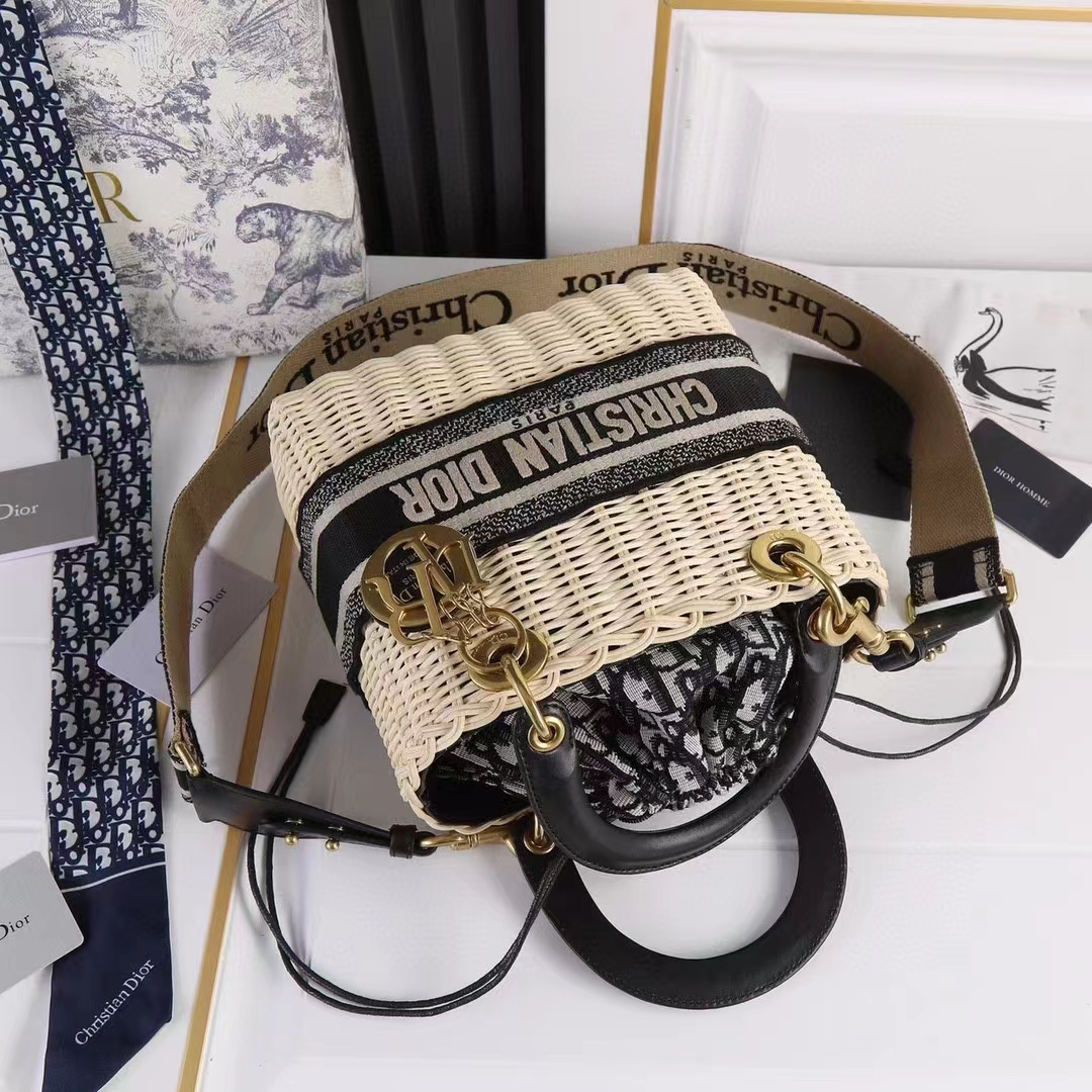 Dior Women CD Medium Lady Dior Bag Natural Wicker Blue Oblique Jacquard