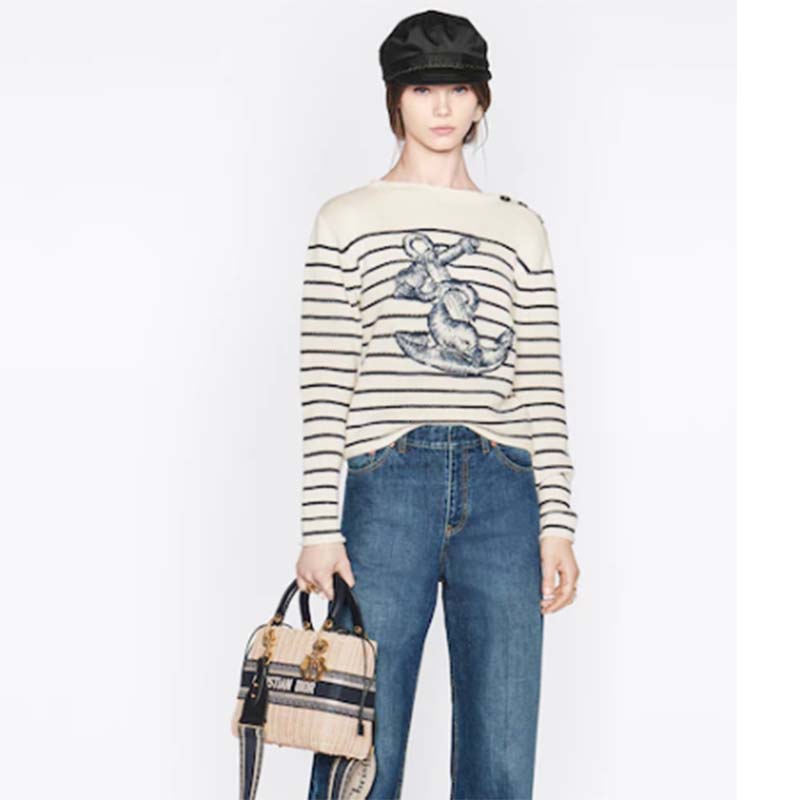Dior Women CD Medium Lady Dior Bag Natural Wicker Blue Oblique Jacquard