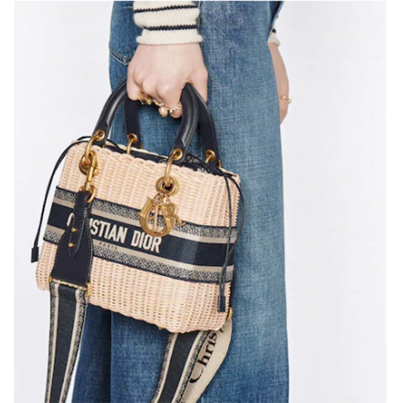 Dior Women CD Medium Lady Dior Bag Natural Wicker Blue Oblique Jacquard