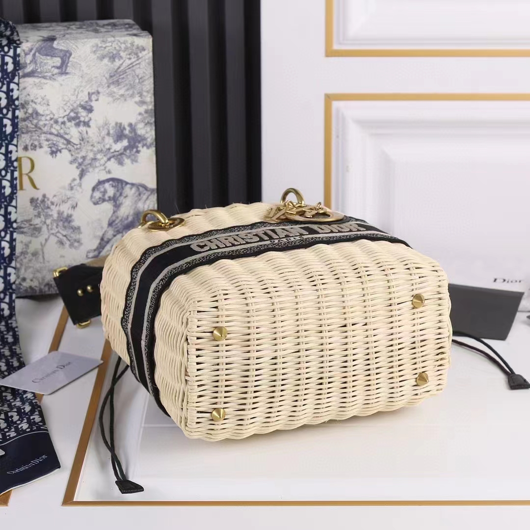 Dior Women CD Medium Lady Dior Bag Natural Wicker Blue Oblique Jacquard