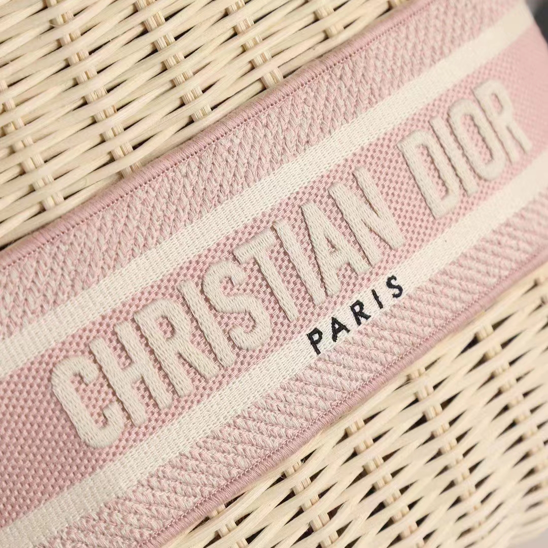 Dior Women CD Medium Lady Dior Handbag Natural Wicker Fluorescent Pink Oblique Jacquard