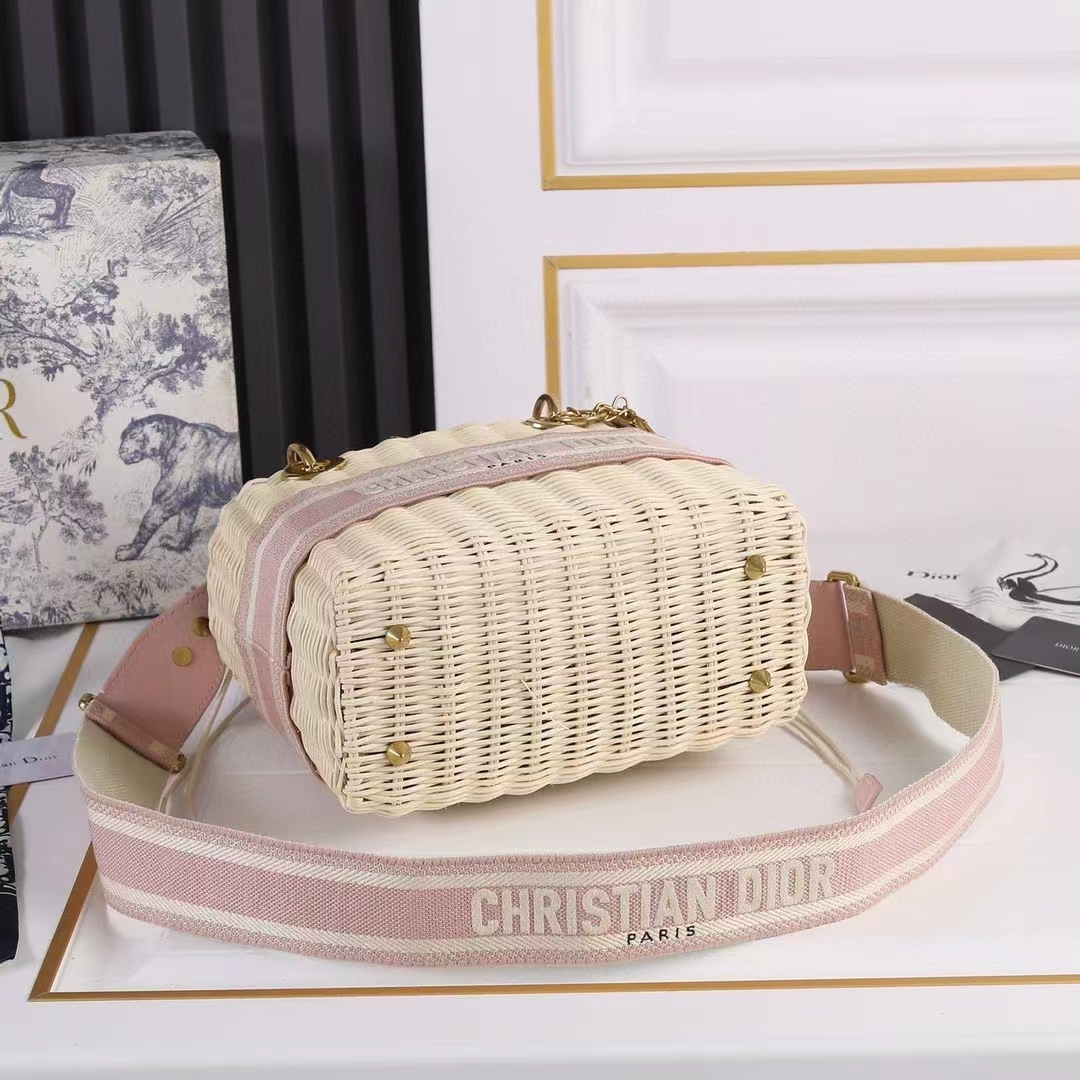 Dior Women CD Medium Lady Dior Handbag Natural Wicker Fluorescent Pink Oblique Jacquard