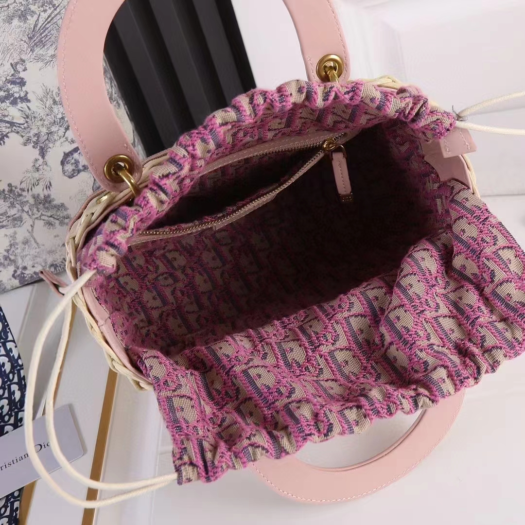 Dior Women CD Medium Lady Dior Handbag Natural Wicker Fluorescent Pink Oblique Jacquard