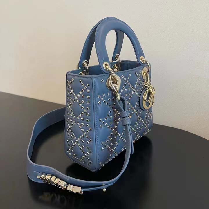 Dior Women CD Mini Lady Dior Bag Denim Blue Lucky Star Cannage Lambskin