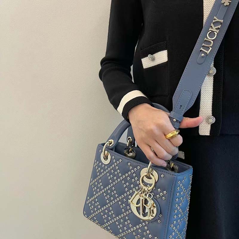Dior Women CD Mini Lady Dior Bag Denim Blue Lucky Star Cannage Lambskin