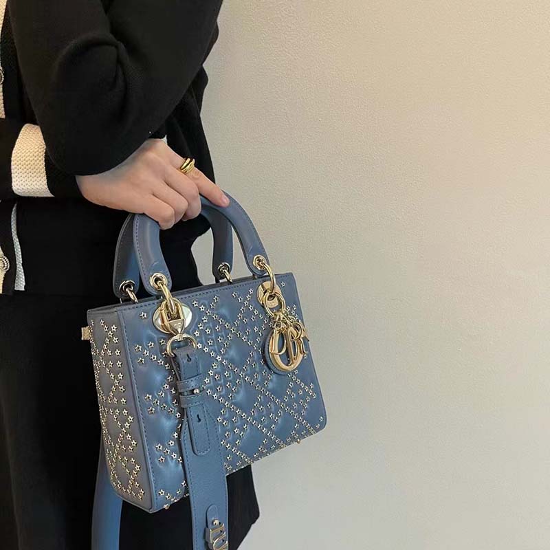 Dior Women CD Mini Lady Dior Bag Denim Blue Lucky Star Cannage Lambskin