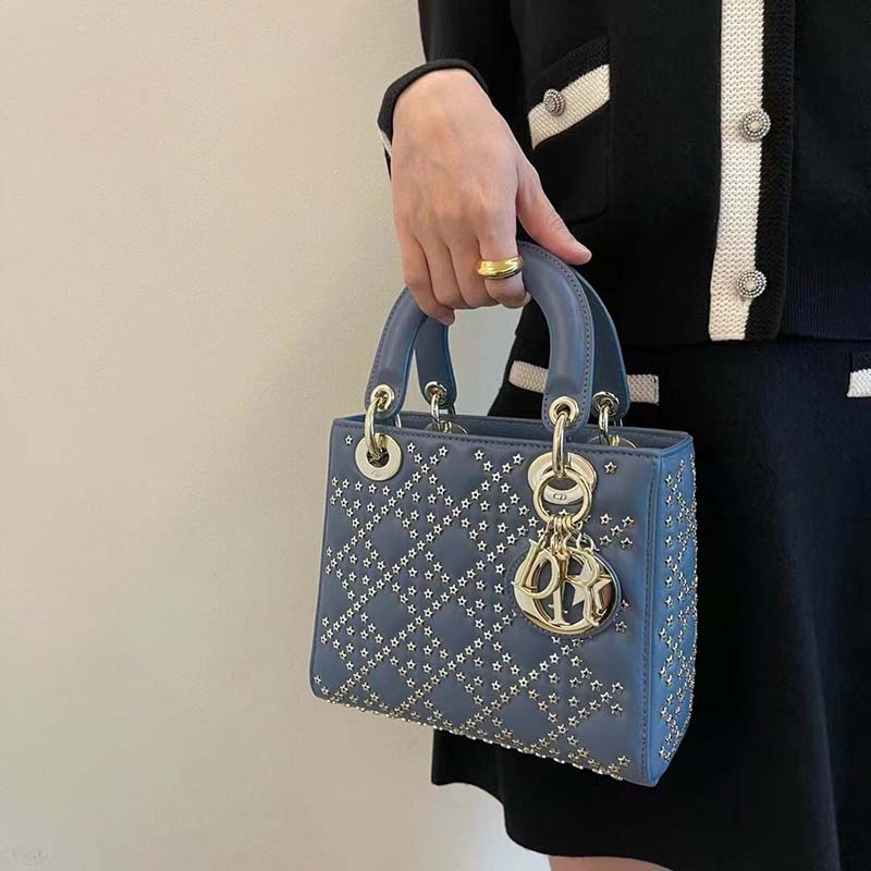 Dior Women CD Mini Lady Dior Bag Denim Blue Lucky Star Cannage Lambskin