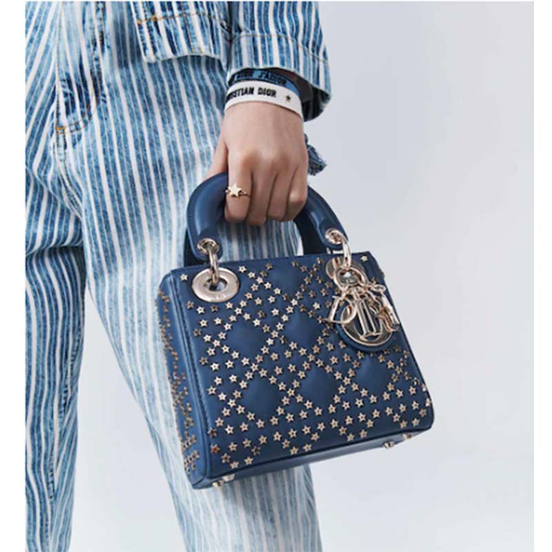 Dior Women CD Mini Lady Dior Bag Denim Blue Lucky Star Cannage Lambskin