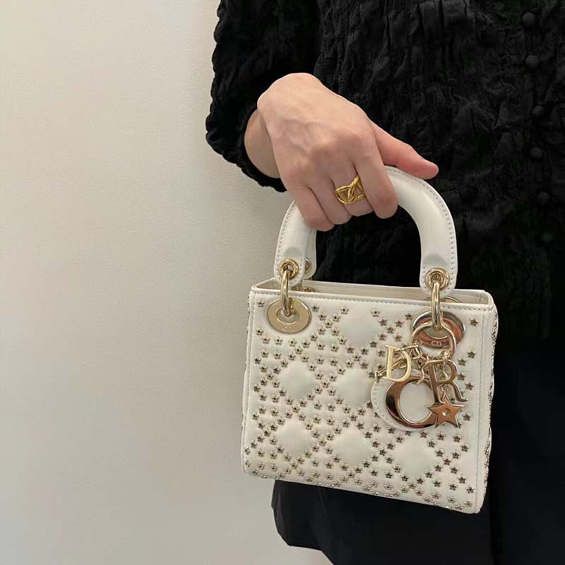 Dior Women CD Mini Lady Dior Bag Latte Lucky Star Cannage Lambskin