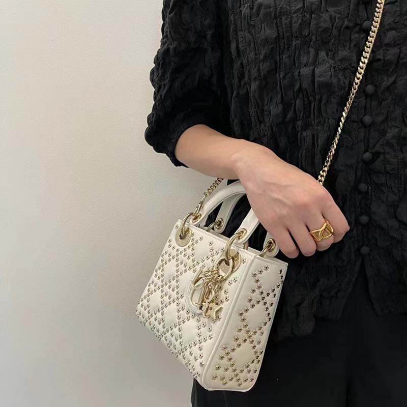 Dior Women CD Mini Lady Dior Bag Latte Lucky Star Cannage Lambskin