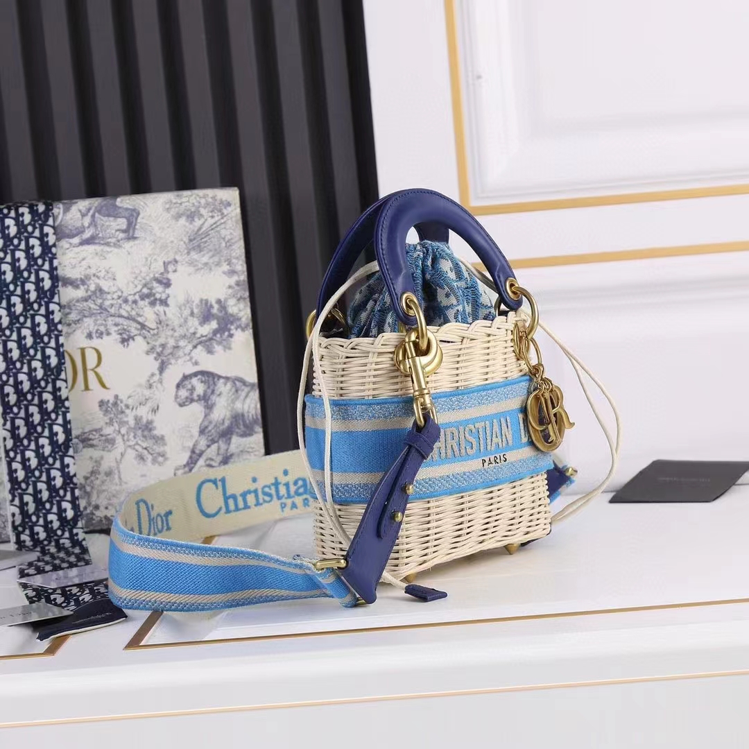 Dior Women CD Mini Lady Dior Handbag Natural Wicker Fluorescent Blue Oblique Jacquard