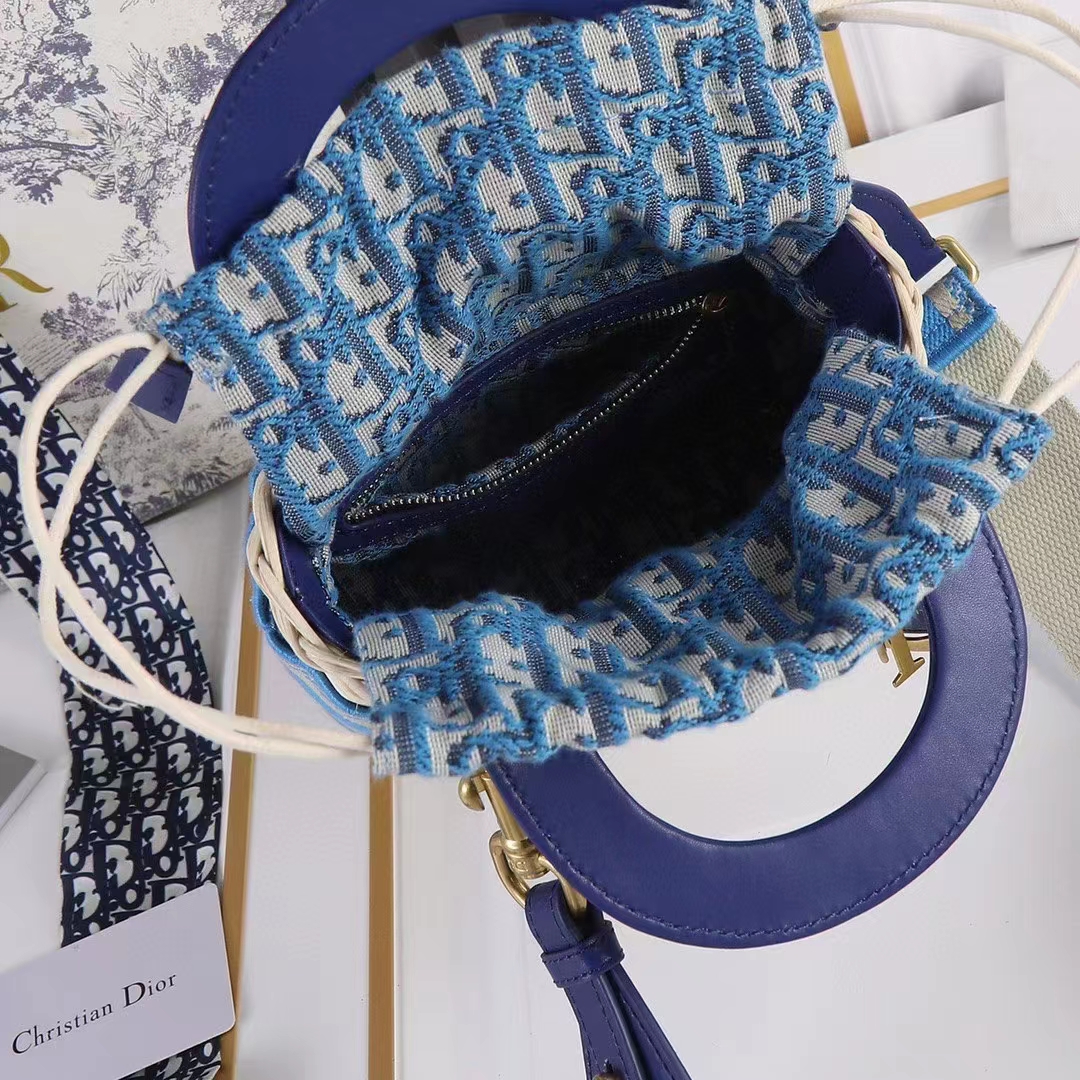 Dior Women CD Mini Lady Dior Handbag Natural Wicker Fluorescent Blue Oblique Jacquard