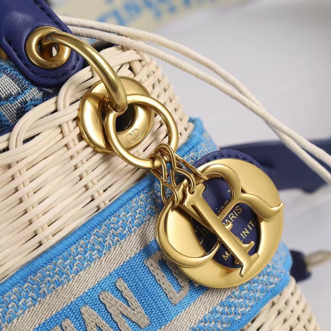 Dior Women CD Mini Lady Dior Handbag Natural Wicker Fluorescent Blue Oblique Jacquard