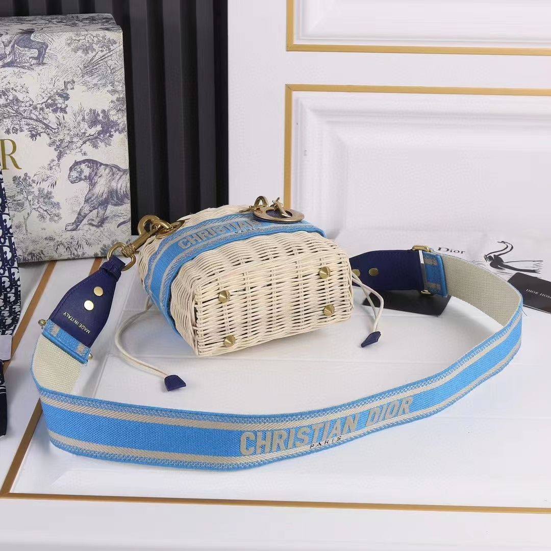 Dior Women CD Mini Lady Dior Handbag Natural Wicker Fluorescent Blue Oblique Jacquard