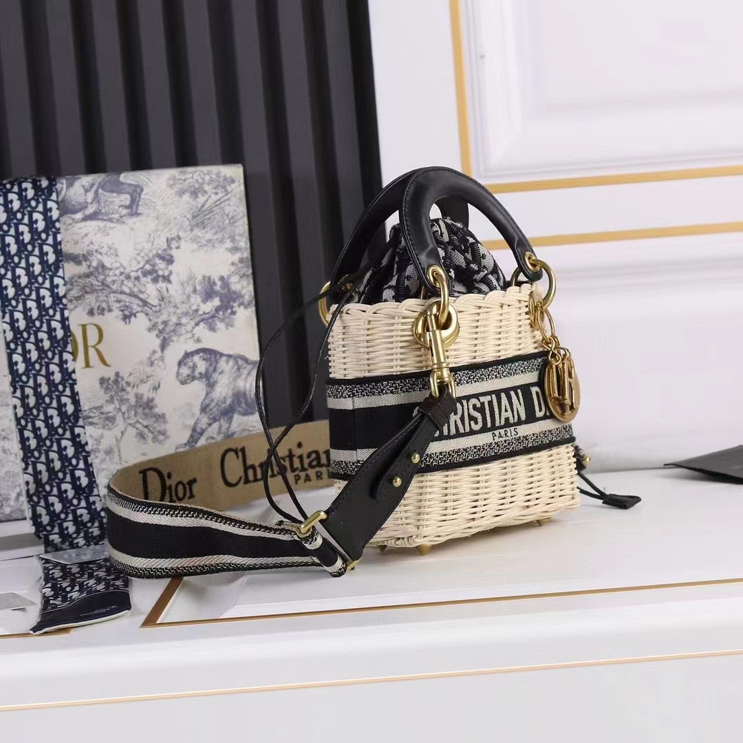 Dior Women CD Mini Lady Dior Handbag Natural Wicker Navy Blue Oblique Jacquard