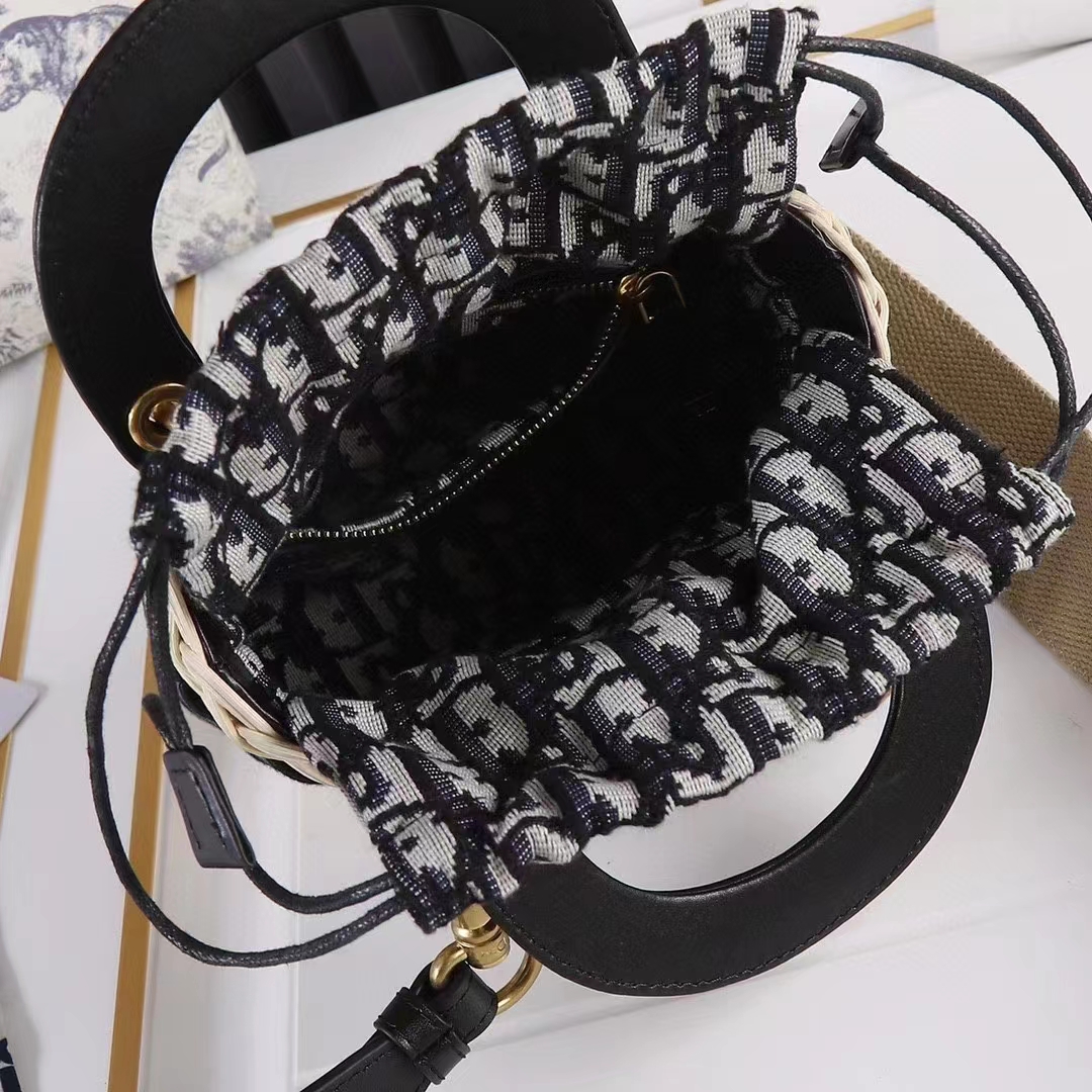 Dior Women CD Mini Lady Dior Handbag Natural Wicker Navy Blue Oblique Jacquard