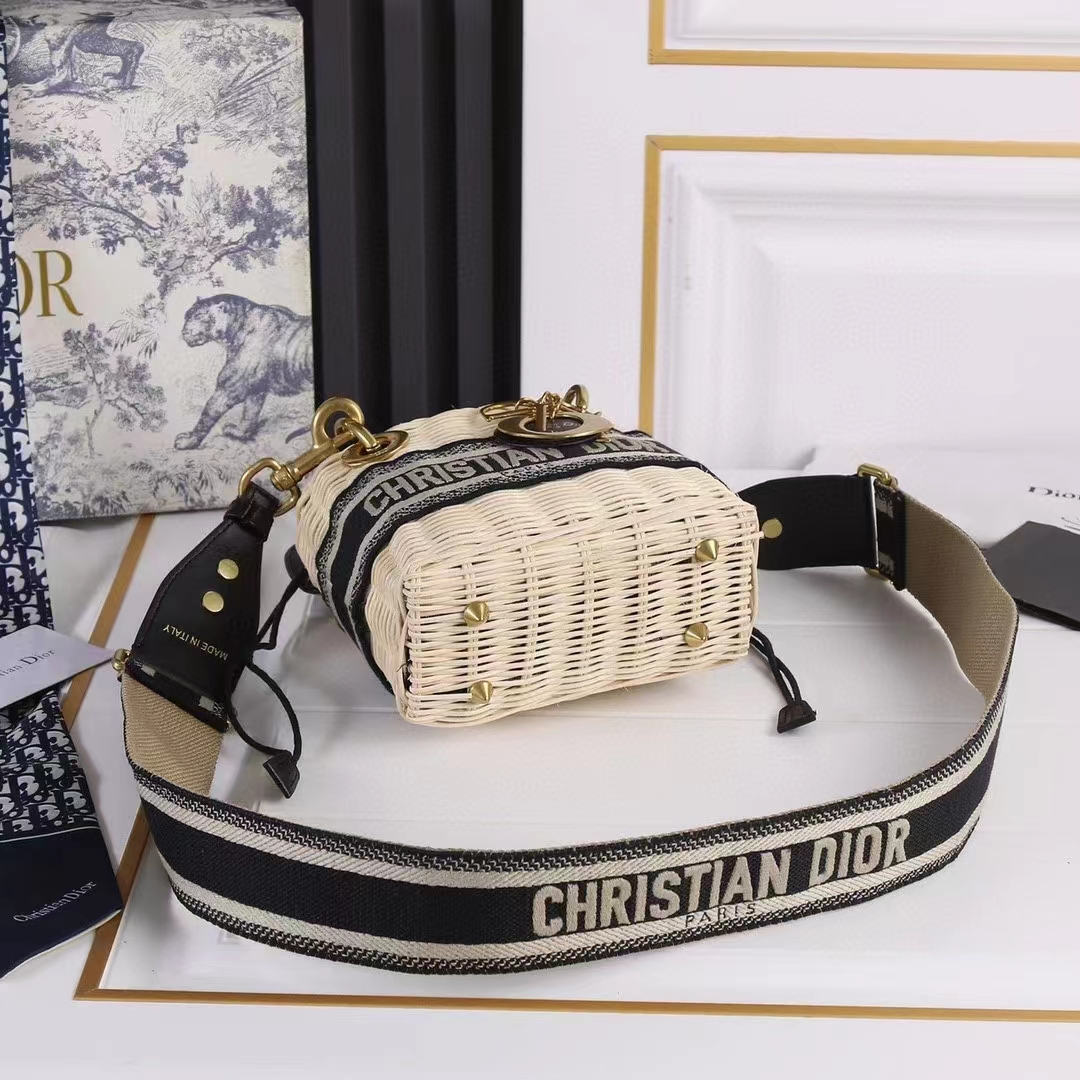 Dior Women CD Mini Lady Dior Handbag Natural Wicker Navy Blue Oblique Jacquard