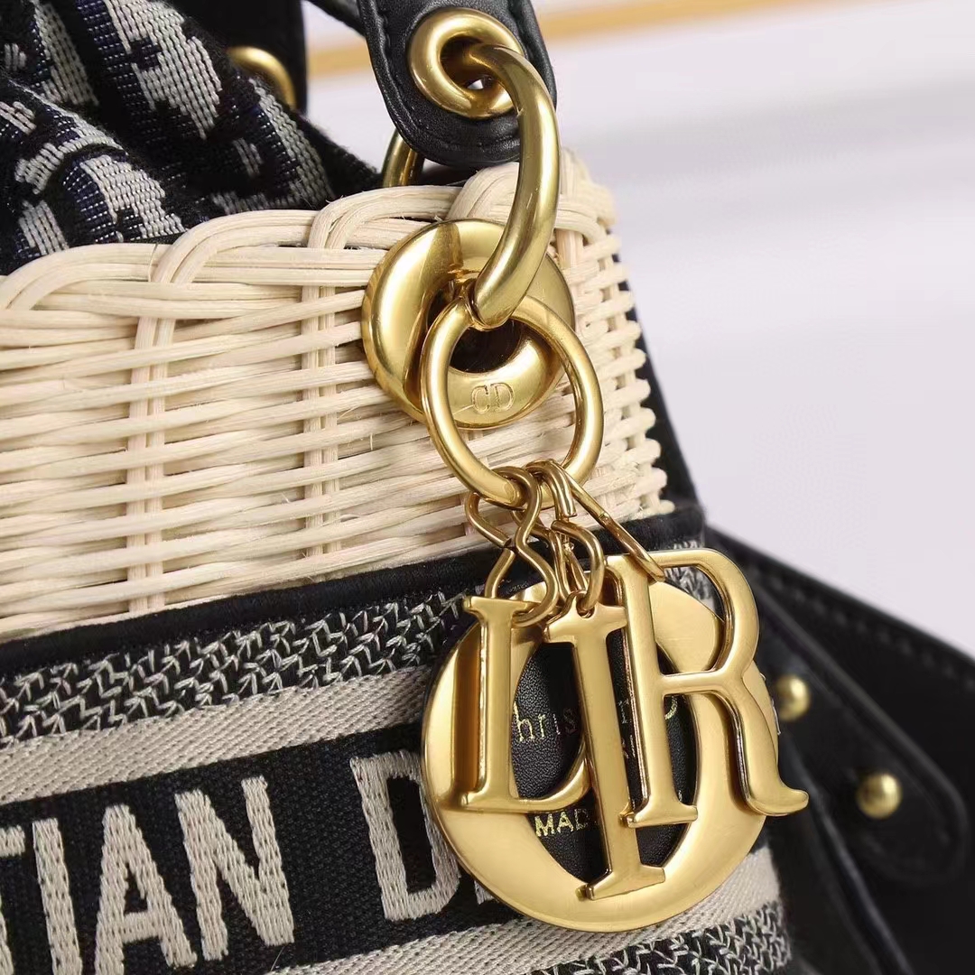 Dior Women CD Mini Lady Dior Handbag Natural Wicker Navy Blue Oblique Jacquard