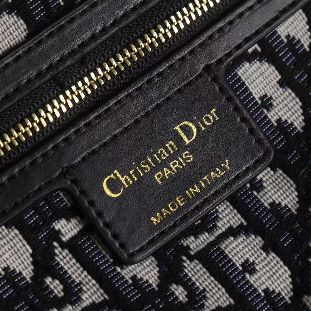 Dior Women CD Mini Lady Dior Handbag Natural Wicker Navy Blue Oblique Jacquard