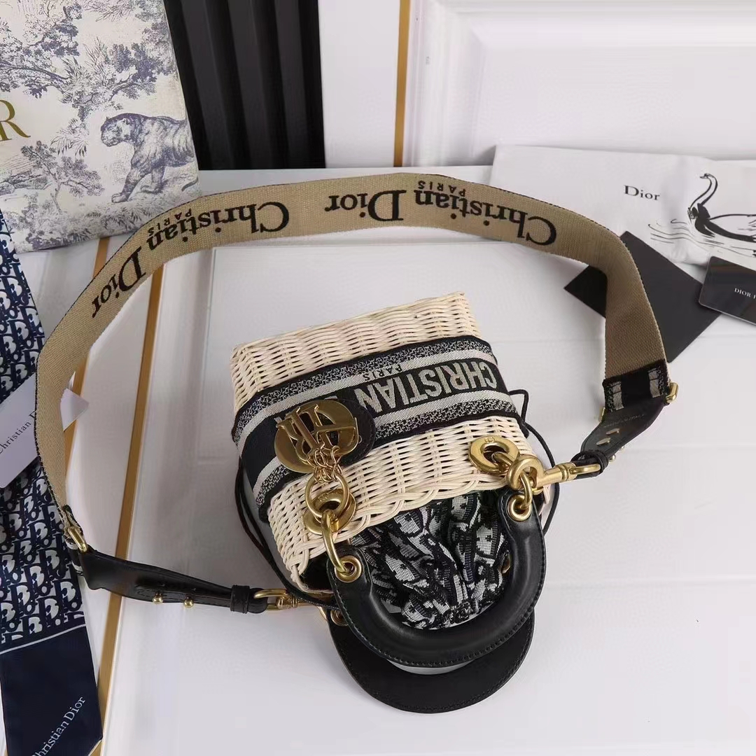 Dior Women CD Mini Lady Dior Handbag Natural Wicker Navy Blue Oblique Jacquard