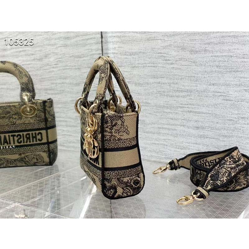 Dior Women Mini Lady D-Lite Bag Brown Toile De Jouy Embroidery