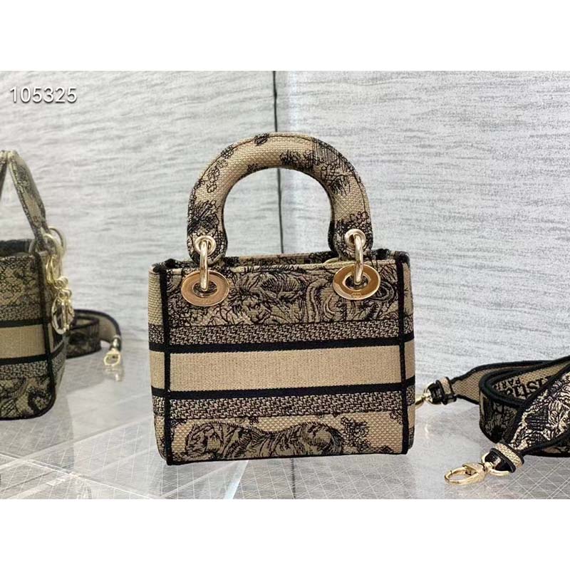 Dior Women Mini Lady D-Lite Bag Brown Toile De Jouy Embroidery