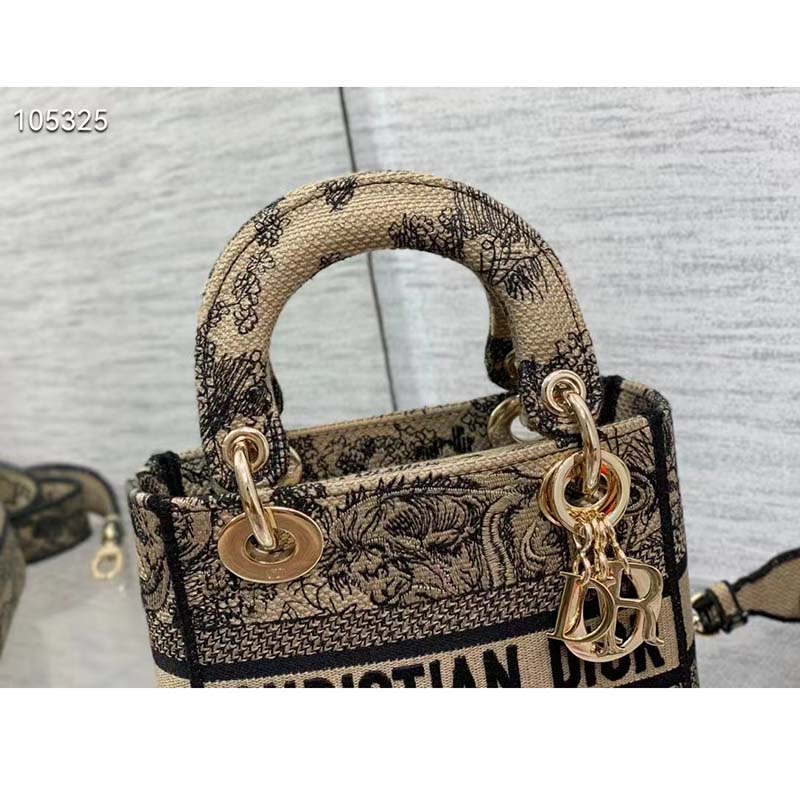 Dior Women Mini Lady D-Lite Bag Brown Toile De Jouy Embroidery