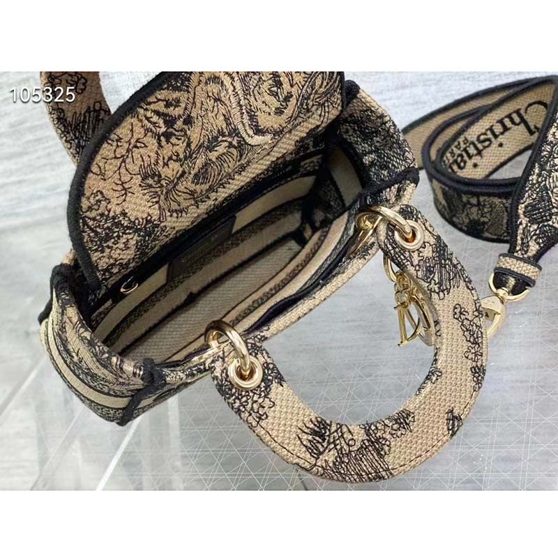 Dior Women Mini Lady D-Lite Bag Brown Toile De Jouy Embroidery