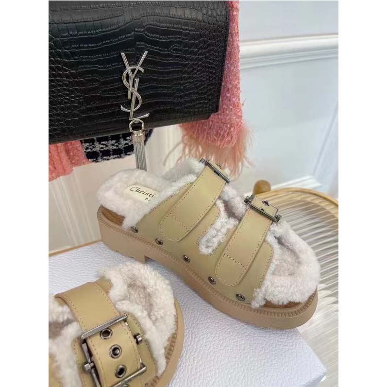 Dior Women Shoes CD Diorquake Strap Sandal Hazelnut Calfskin White Shearling