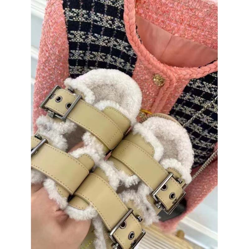 Dior Women Shoes CD Diorquake Strap Sandal Hazelnut Calfskin White Shearling