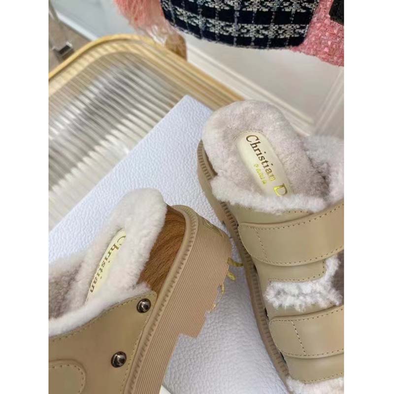 Dior Women Shoes CD Diorquake Strap Sandal Hazelnut Calfskin White Shearling