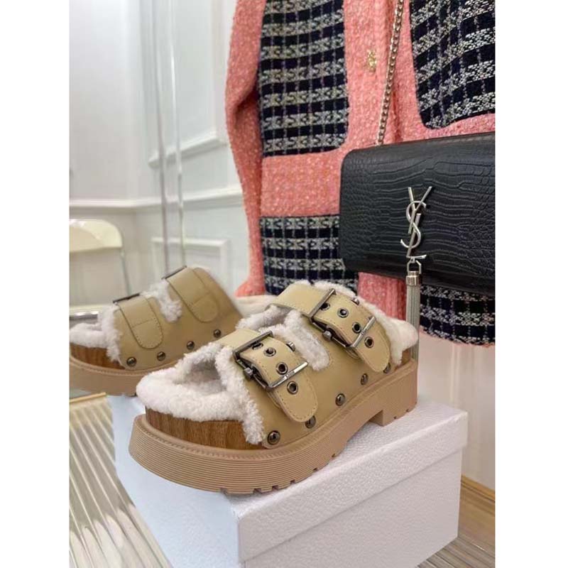 Dior Women Shoes CD Diorquake Strap Sandal Hazelnut Calfskin White Shearling