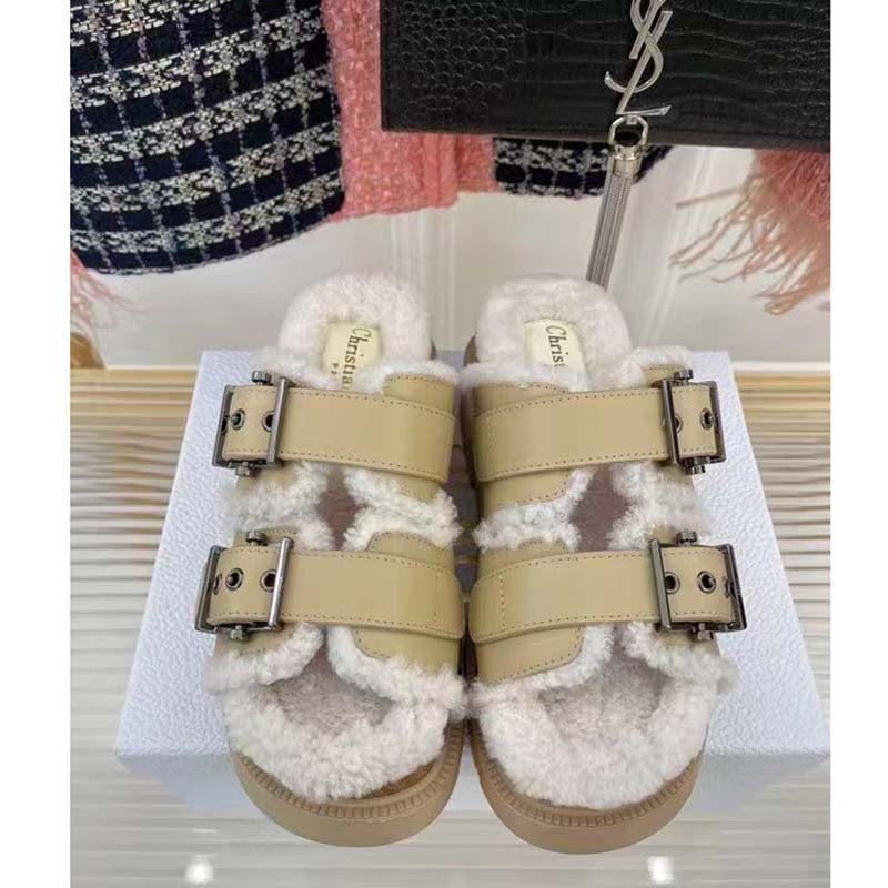 Dior Women Shoes CD Diorquake Strap Sandal Hazelnut Calfskin White Shearling