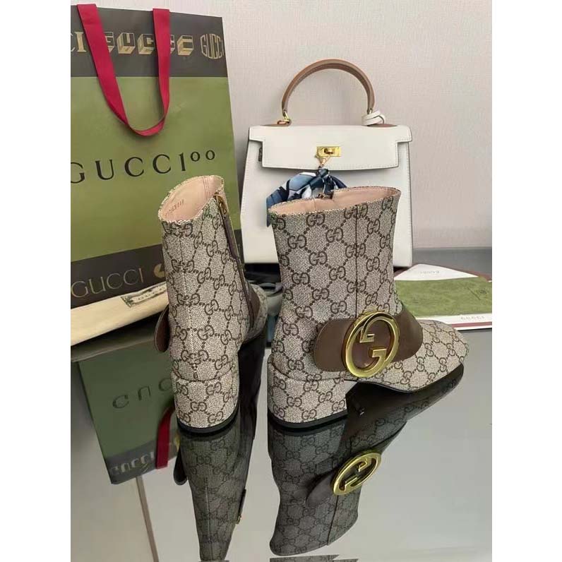 Gucci Blondie Women’s Ankle Boot Beige Ebony GG Supreme Canvas Low 5 Cm Heel