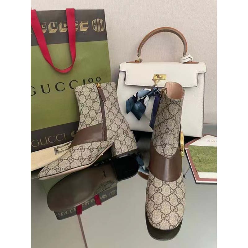 Gucci Blondie Women’s Ankle Boot Beige Ebony GG Supreme Canvas Low 5 Cm Heel