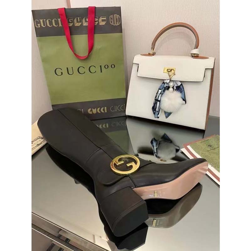 Gucci Blondie Women’s Blondie Boot Black Leather Round Interlocking G Low 5 Cm Heel