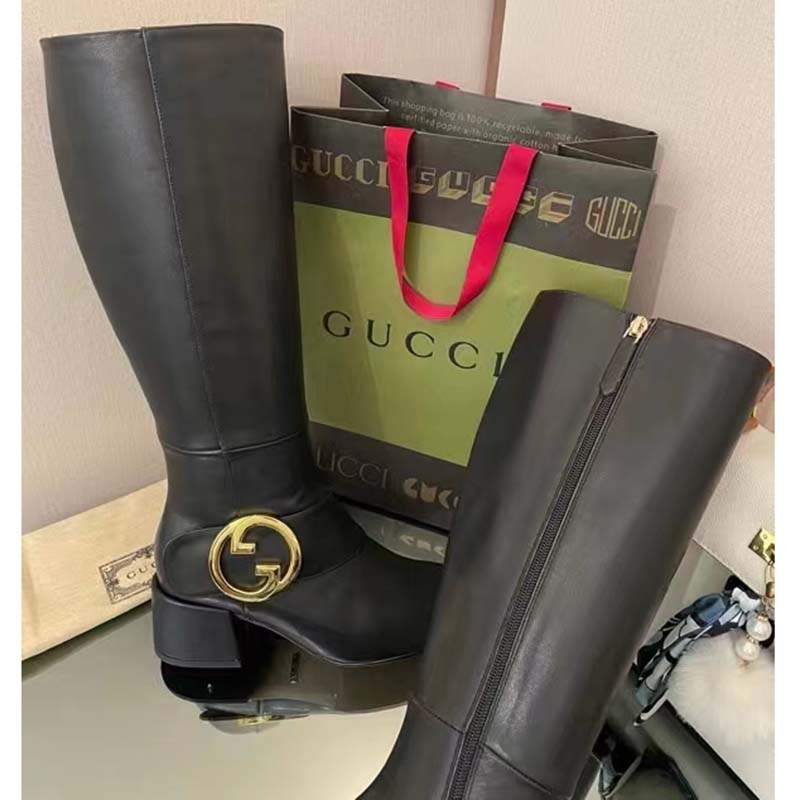Gucci Blondie Women’s Blondie Boot Black Leather Round Interlocking G Low 5 Cm Heel