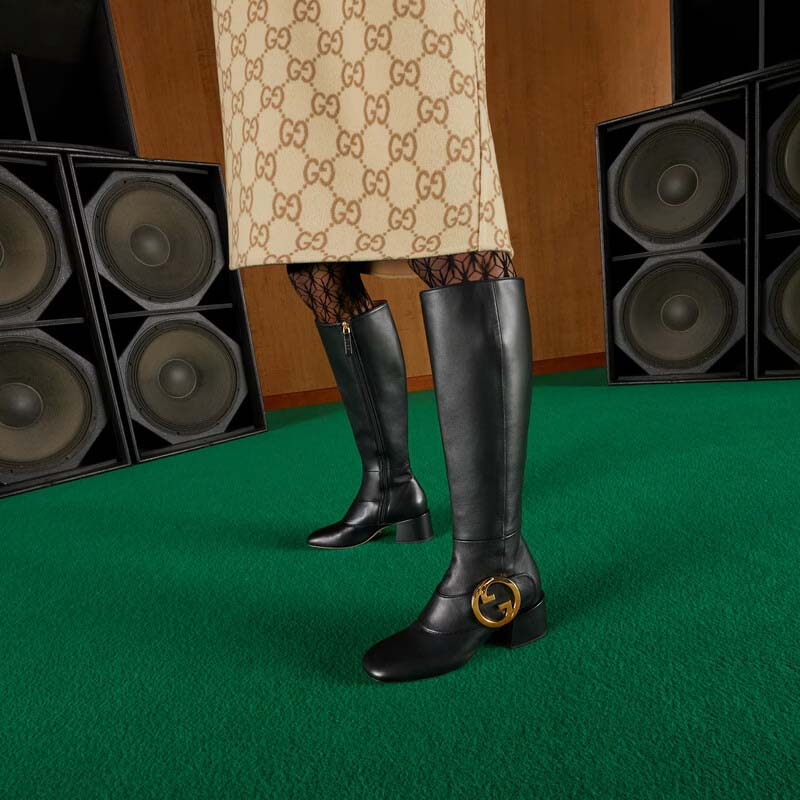 Gucci Blondie Women’s Blondie Boot Black Leather Round Interlocking G Low 5 Cm Heel