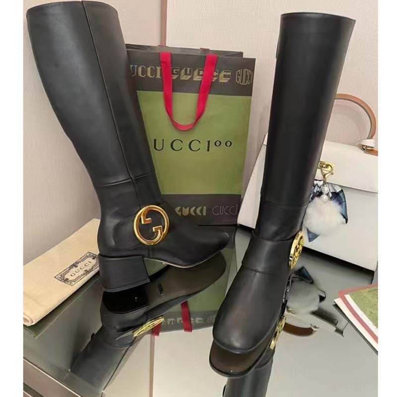 Gucci Blondie Women’s Blondie Boot Black Leather Round Interlocking G Low 5 Cm Heel